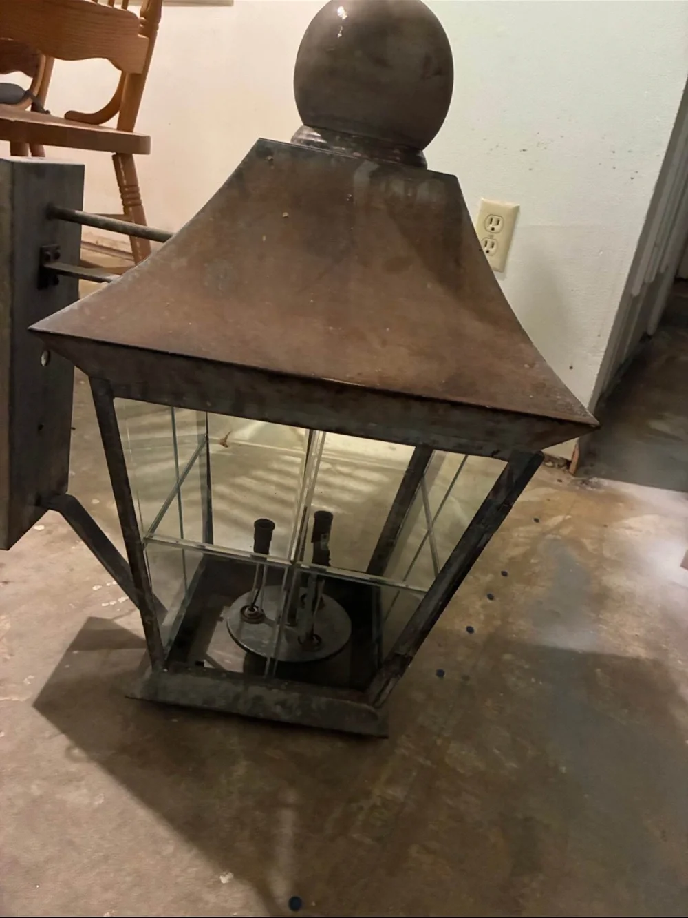 Antique hanging lantern with beautiful patina. All glass and electrical intact!